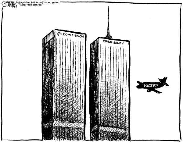 Cartoon over 911 commissie, betrouwbaarheid en politiek