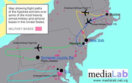 Vluchtroutes 0p 9/11 over militaire bases