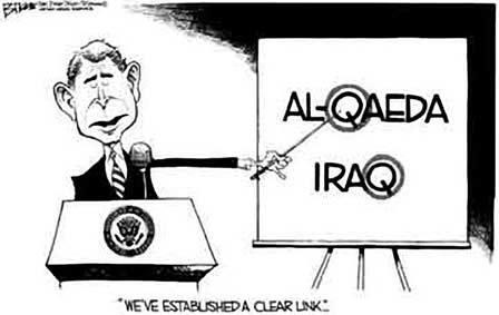 Cartoon: Bush over overeenkomsten tussen IraQ en Al Qaeda