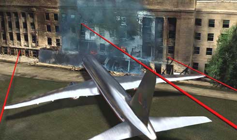 Reconstructiefoto Pentagon met impact Boeing 757